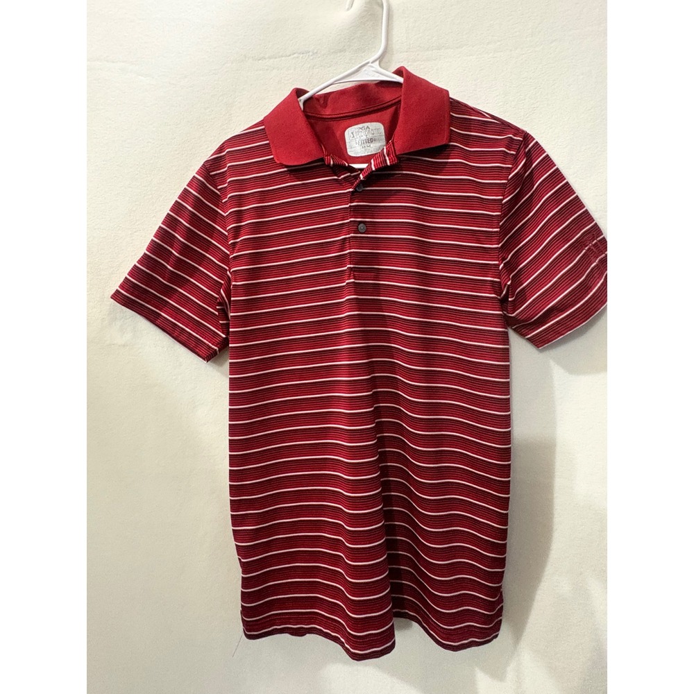 PGA Tour Mens Fitted Golf Polo Shirt Red Striped Short Sleeve Size Medium